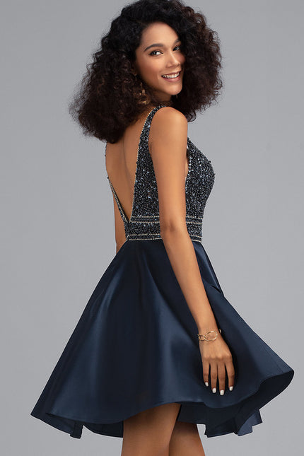 Robe Trapèze Bleu Marine Satin Perles Paillettes - gallery 1