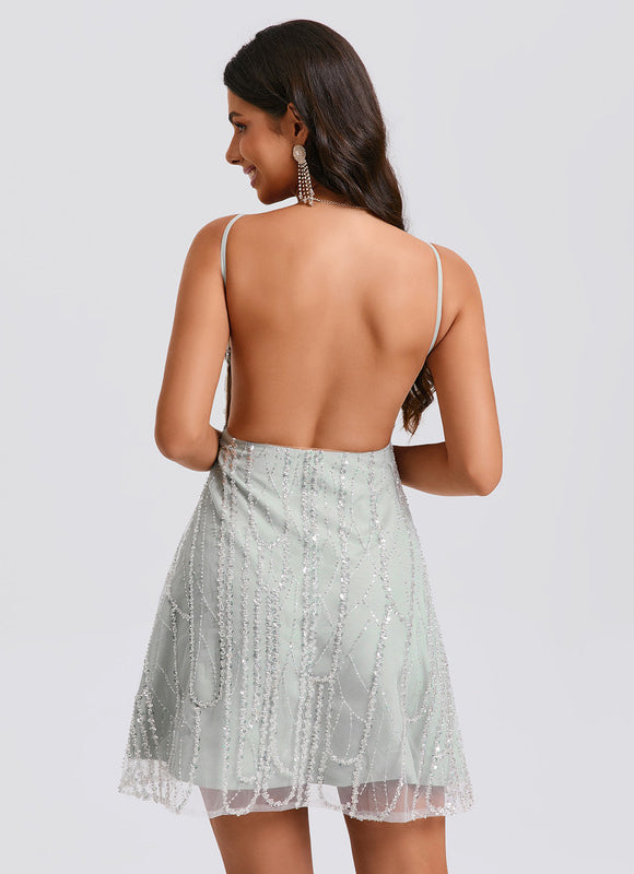 Robe Trapèze Pailletée Menthe - gallery 1