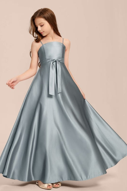 Robe Trapèze Bleu Satin Longue Avec Nœud - gallery 4