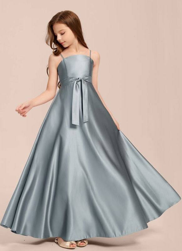 Robe Trapèze Bleu Satin Longue Avec Nœud - gallery 4
