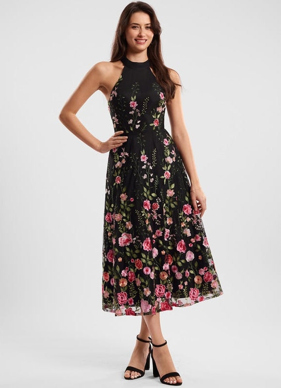 Robe Trapèze Fleurie Noire - gallery 1
