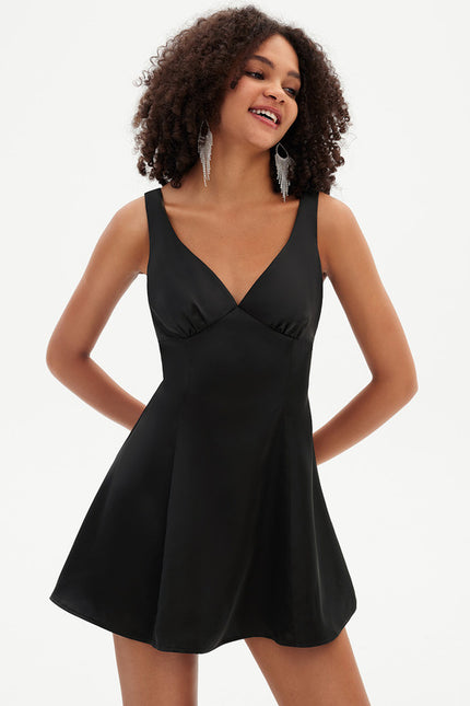 Robe Trapèze Mini Noir Satiné - gallery 1