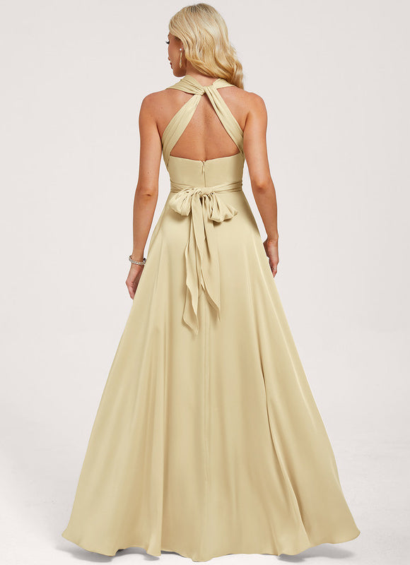 Robe Trapèze Beige Satin Décolleté Asymétrique - gallery 8