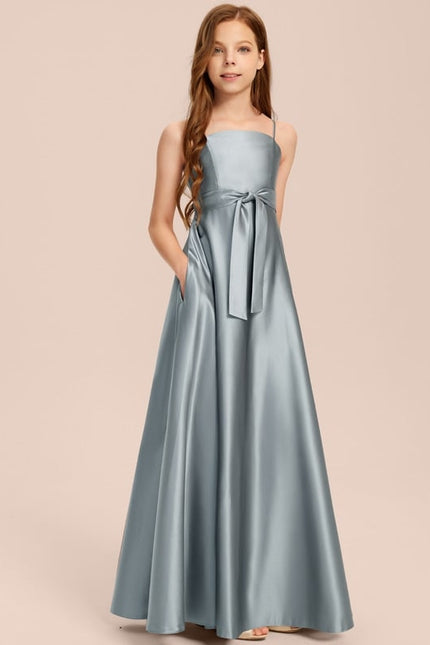 Robe Trapèze Bleu Satin Longue Avec Nœud - gallery 7
