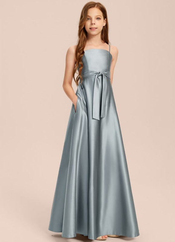 Robe Trapèze Bleu Satin Longue Avec Nœud - gallery 7