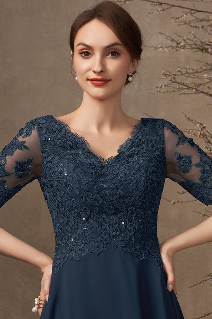 Robe Trapèze Bleu Marine Dentelle Mousseline - gallery 3