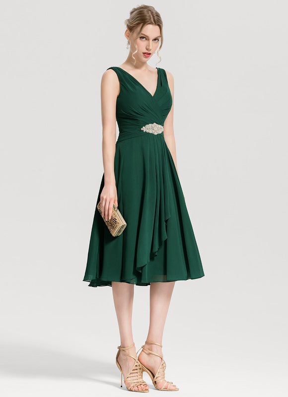 Robe Trapèze Vert Foncé Cocktail Perles - gallery 3