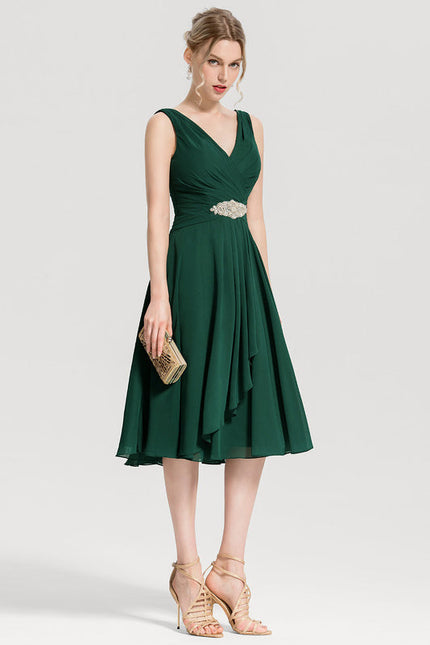 Robe Trapèze Vert Foncé Cocktail Perles - gallery 3