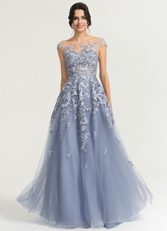 Robe Trapèze Bleu Pastel Soirée Longue En Tulle And Dentelle