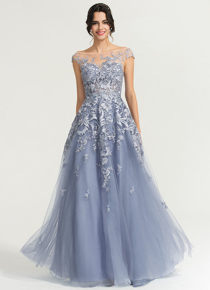 Robe Trapèze Bleu Pastel Soirée Longue En Tulle And Dentelle