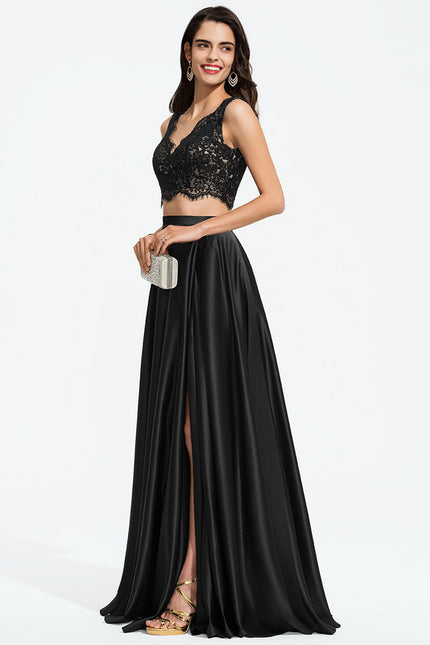 Robe Trapèze Vert Satin Dentelle Bal - gallery 2
