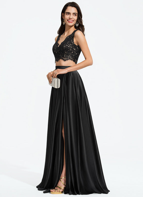 Robe Trapèze Vert Satin Dentelle Bal - gallery 2