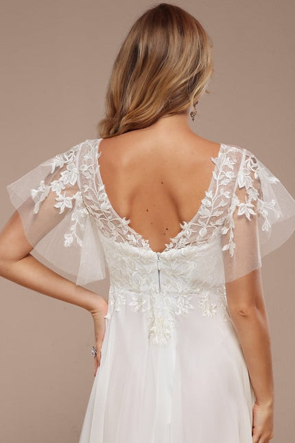 Robe Trapèze Beige Dentelle Tulle Volants Mariage - gallery 3