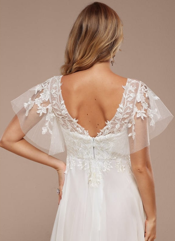Robe Trapèze Beige Dentelle Tulle Volants Mariage - gallery 3