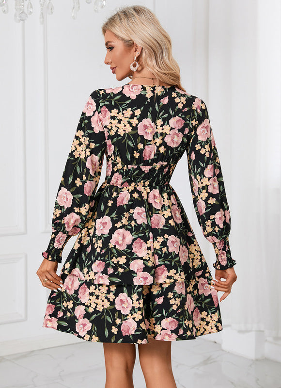 Robe Trapèze Fleurie Noire - gallery 3