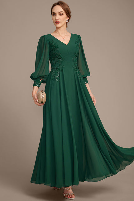 Robe Trapèze Verte En Mousseline Et Dentelle - gallery 4