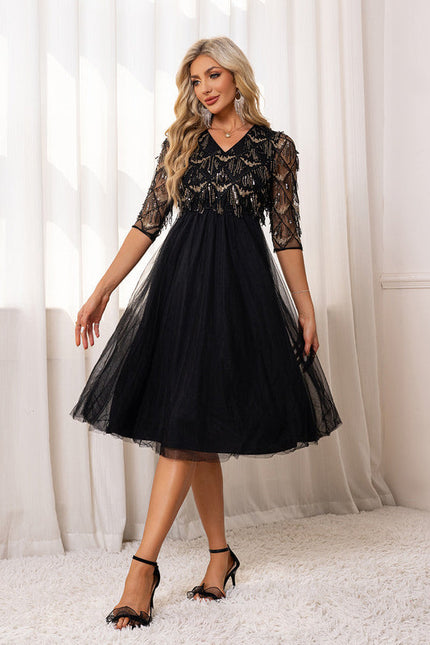 Robe Trapèze Noir Pailleté Élégant - gallery 5