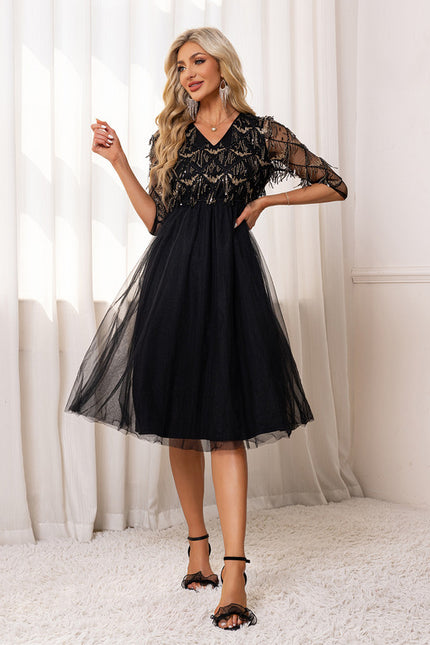 Robe Trapèze Noir Pailleté Élégant - gallery 3