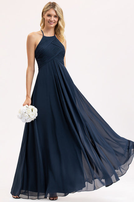 Robe Trapèze Bleu Marine Mousseline Plissée