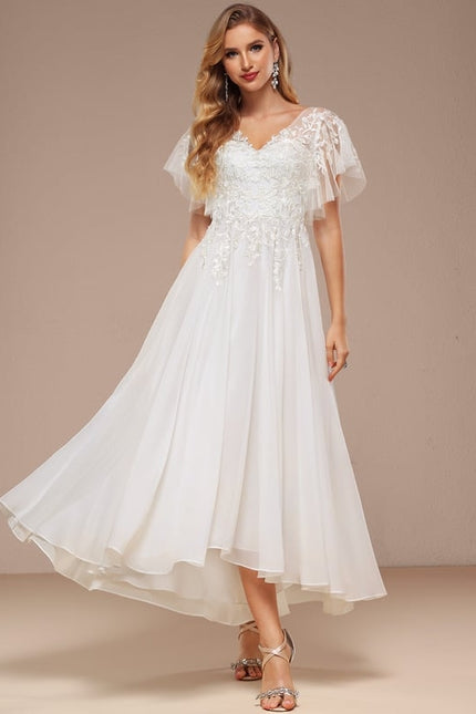 Robe Trapèze Beige Dentelle Tulle Volants Mariage - gallery 5
