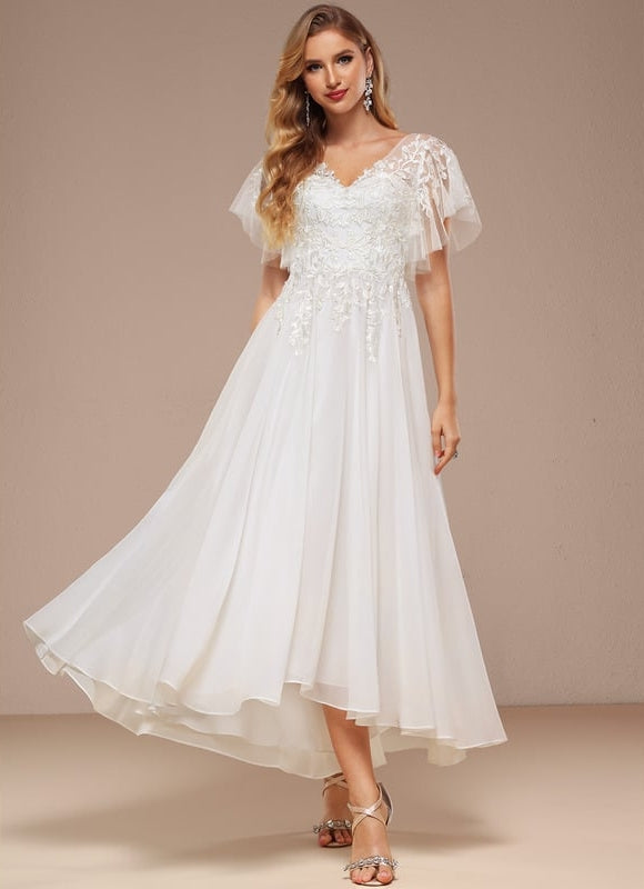 Robe Trapèze Beige Dentelle Tulle Volants Mariage - gallery 5