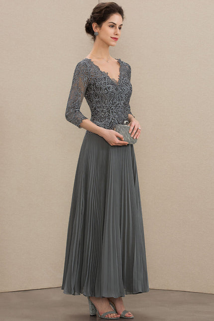 Robe Trapèze Gris Dentelle Mousseline Plissée - gallery 2