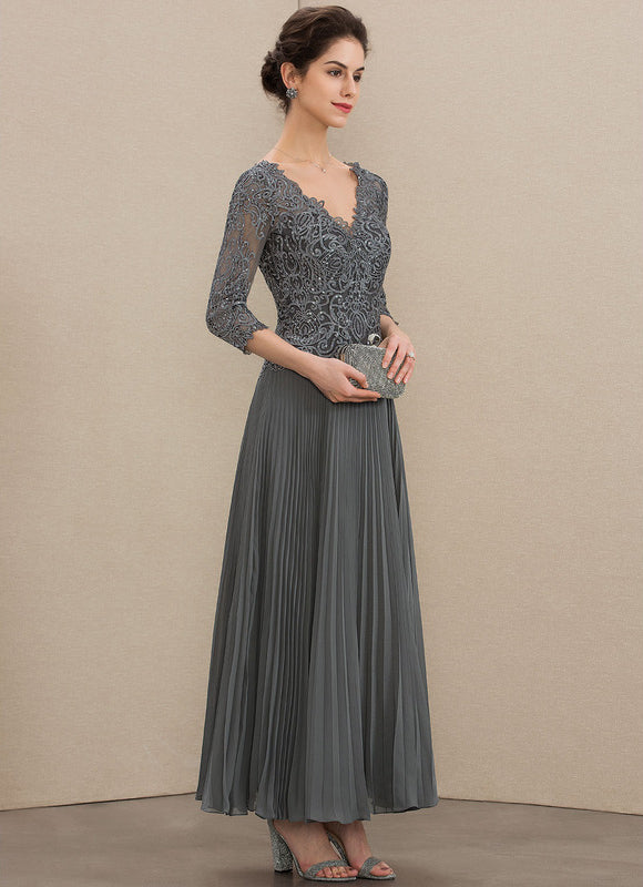 Robe Trapèze Gris Dentelle Mousseline Plissée - gallery 2