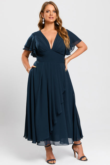 Robe Trapèze Bleu Marine Mousseline Volants - gallery 9