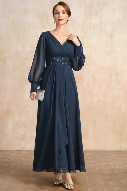 Robe Trapèze Bleu Marine Longue Mousseline Volants Perles Paillettes - gallery 2