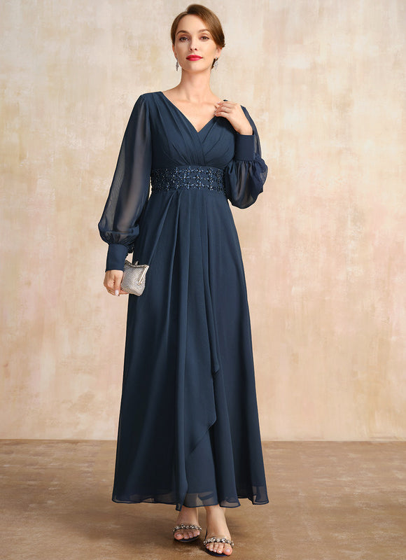 Robe Trapèze Bleu Marine Longue Mousseline Volants Perles Paillettes - gallery 2