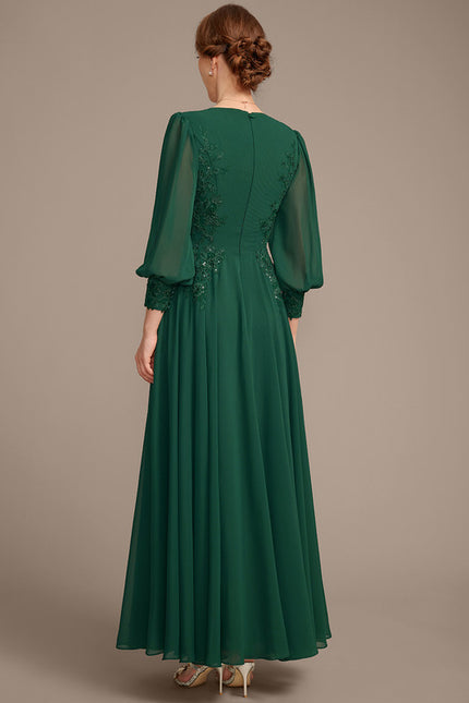 Robe Trapèze Verte En Mousseline Et Dentelle - gallery 5