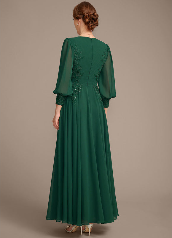 Robe Trapèze Verte En Mousseline Et Dentelle - gallery 5