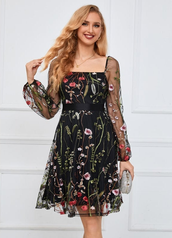 Robe Trapèze Floraison Noire - gallery 8