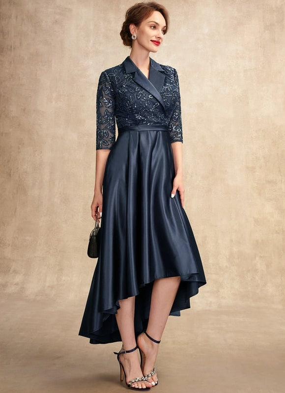 Robe Trapèze Bleue Satin Dentelle Paillettes - gallery 5