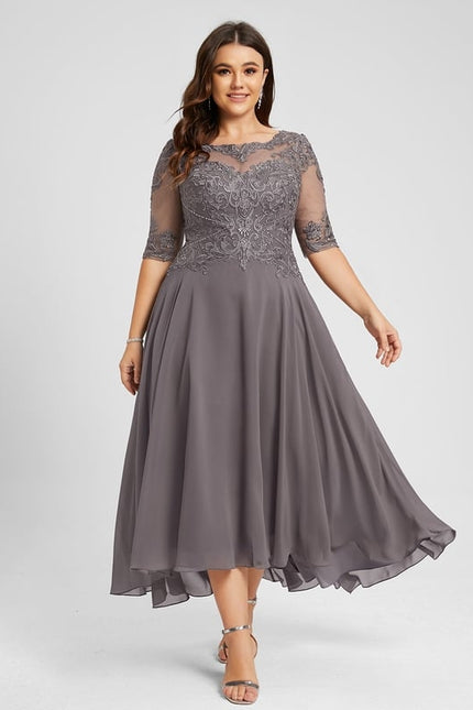 Robe Trapèze Gris Satin Dentelle. - gallery 7