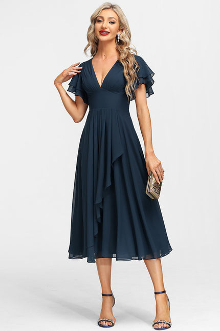Robe Trapèze Bleu Marine Mousseline Volants