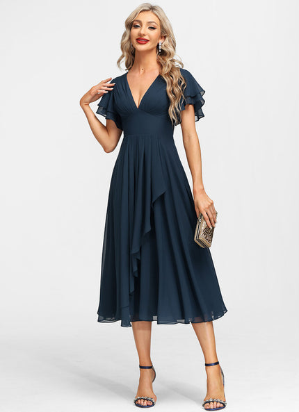 Robe Trapèze Bleu Marine Mousseline Volants