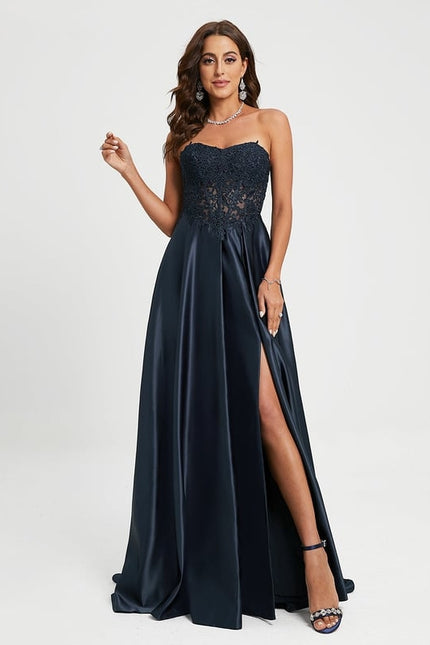 Robe Trapèze Bleue Satin Dentelle Bal