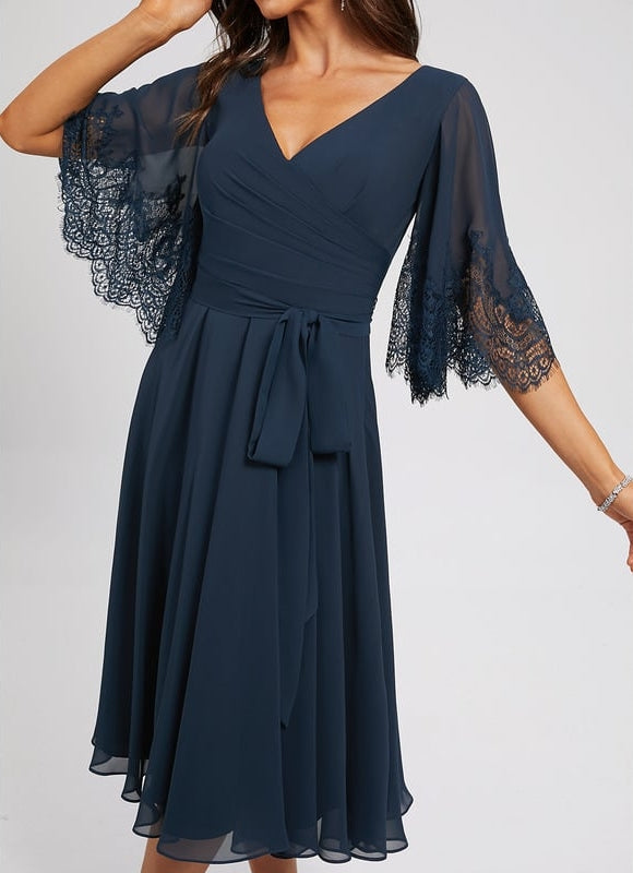 Robe Trapèze Bleue Marine Dentelle Mousseline - gallery 5