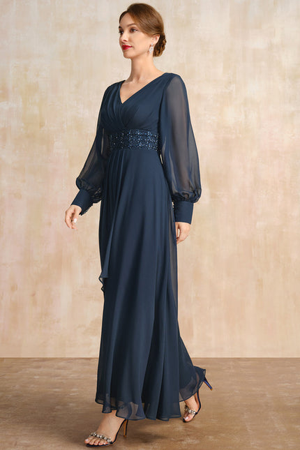 Robe Trapèze Bleu Marine Longue Mousseline Volants Perles Paillettes - gallery 3