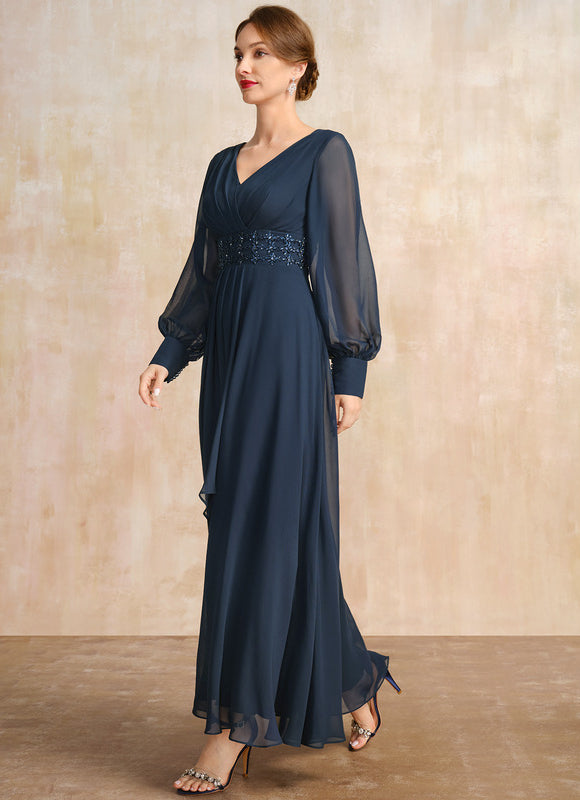 Robe Trapèze Bleu Marine Longue Mousseline Volants Perles Paillettes - gallery 3
