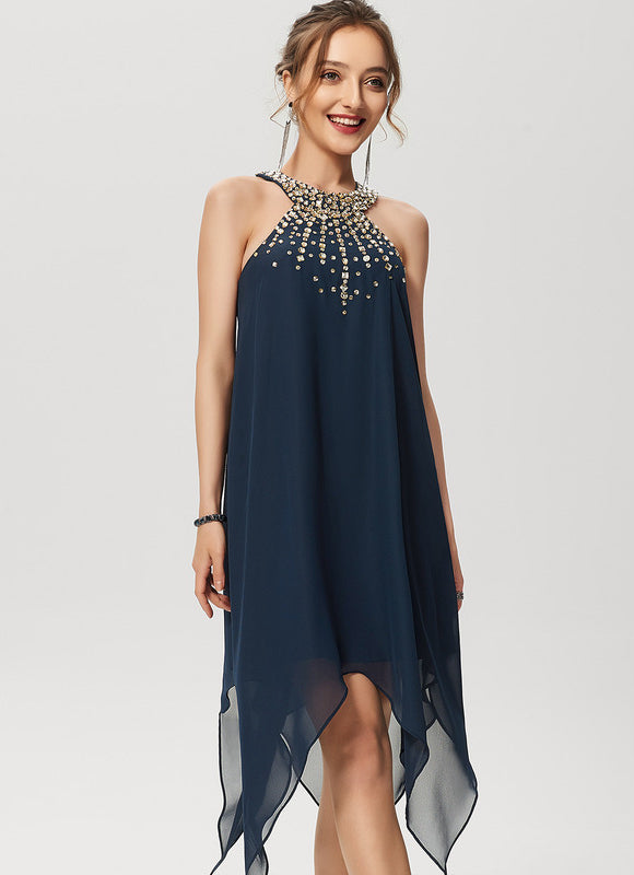 Robe Trapèze Bleue Navy Perlée Asymétrique