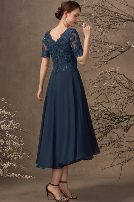 Robe Trapèze Bleu Marine Dentelle Mousseline - gallery 6