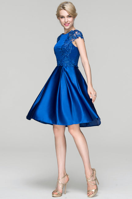 Robe Trapèze Bleue Satin Dentelle - gallery 1