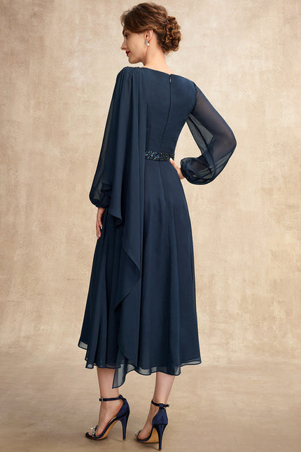Robe Trapèze Bleu Marine Mousseline Plissée - gallery 3