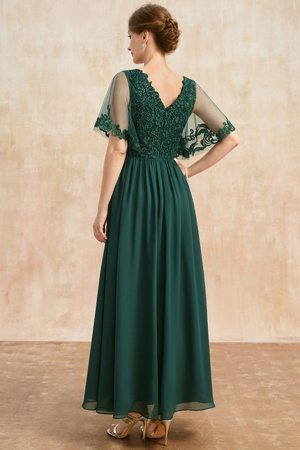 Robe Trapèze Verte En Mousseline Et Dentelle - gallery 5