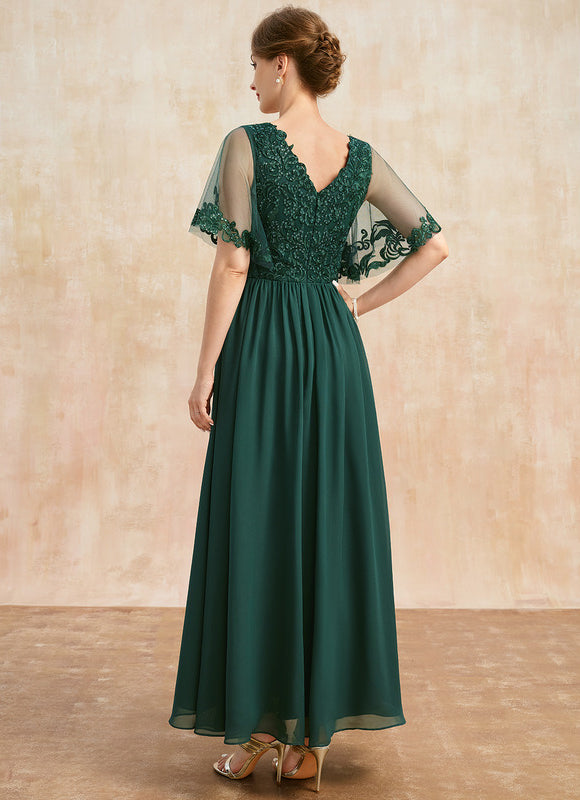 Robe Trapèze Verte En Mousseline Et Dentelle - gallery 5