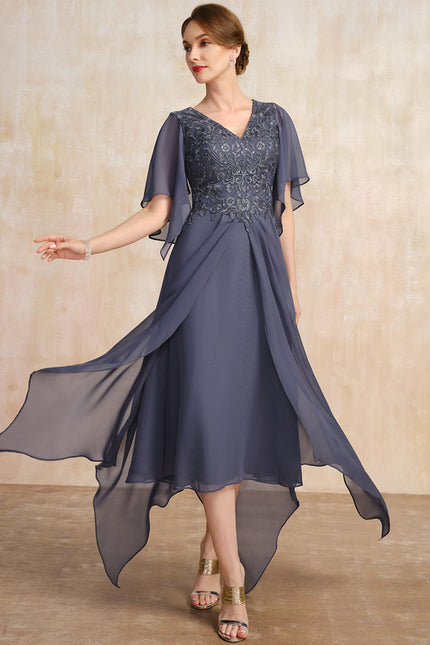 Robe Trapèze Bleu Marine Dentelle Mousseline - gallery 3