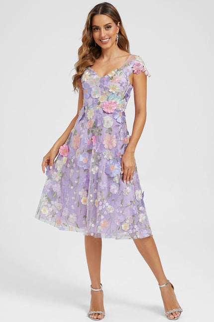 Robe Trapèze Violette Floral Dentelle 3D - gallery 1