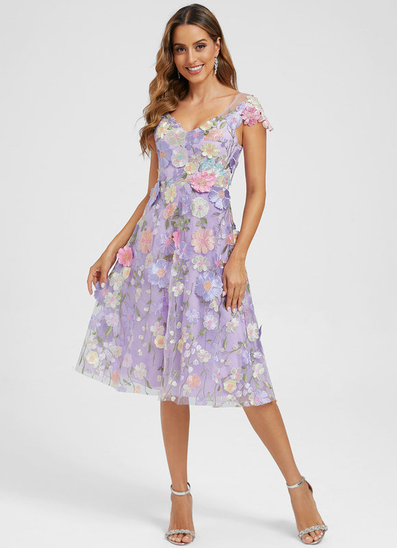 Robe Trapèze Violette Floral Dentelle 3D - gallery 1